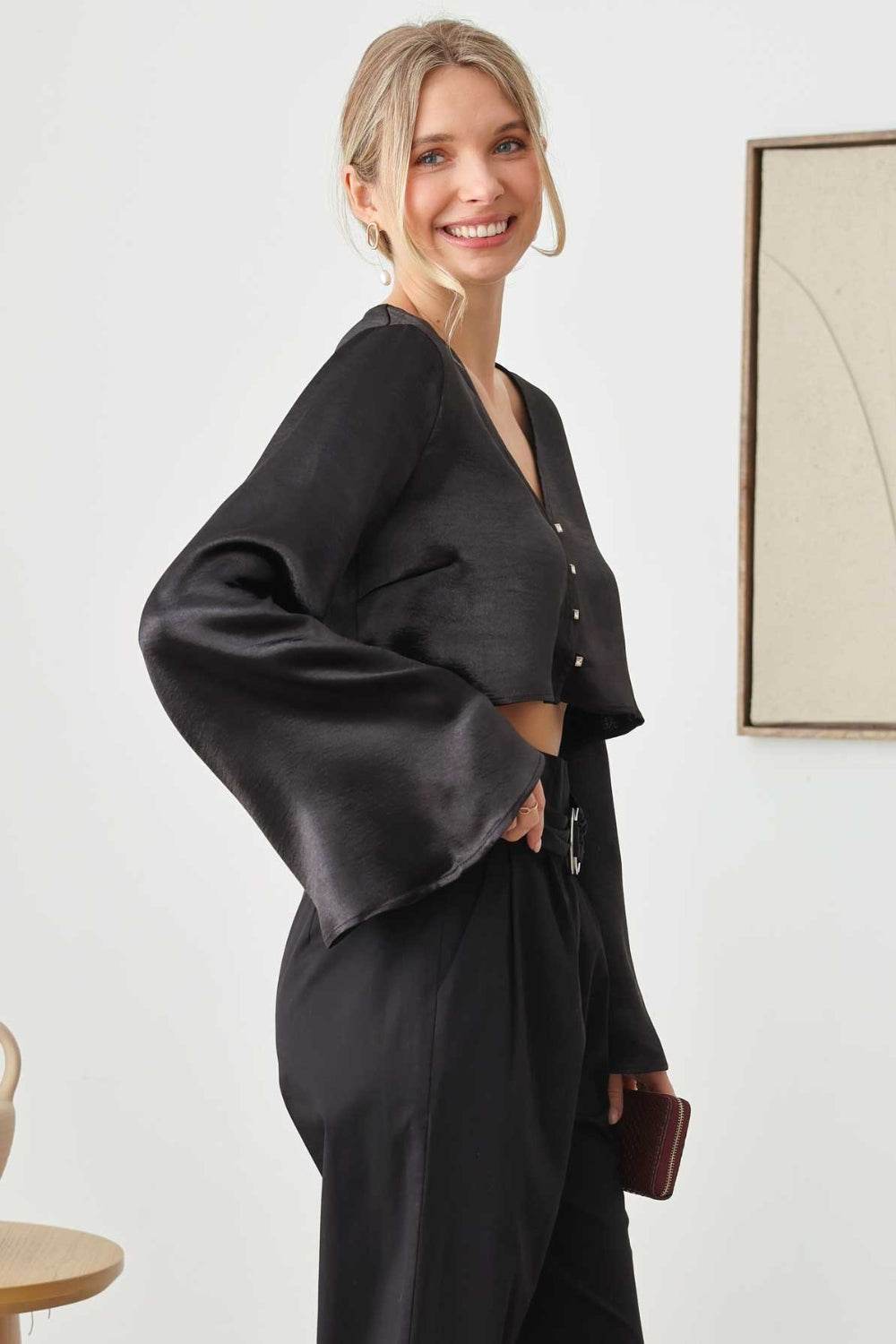 Mustard Seed Satin Rhinestone Buttons Closure Crop Top - DaTrendStore.Com