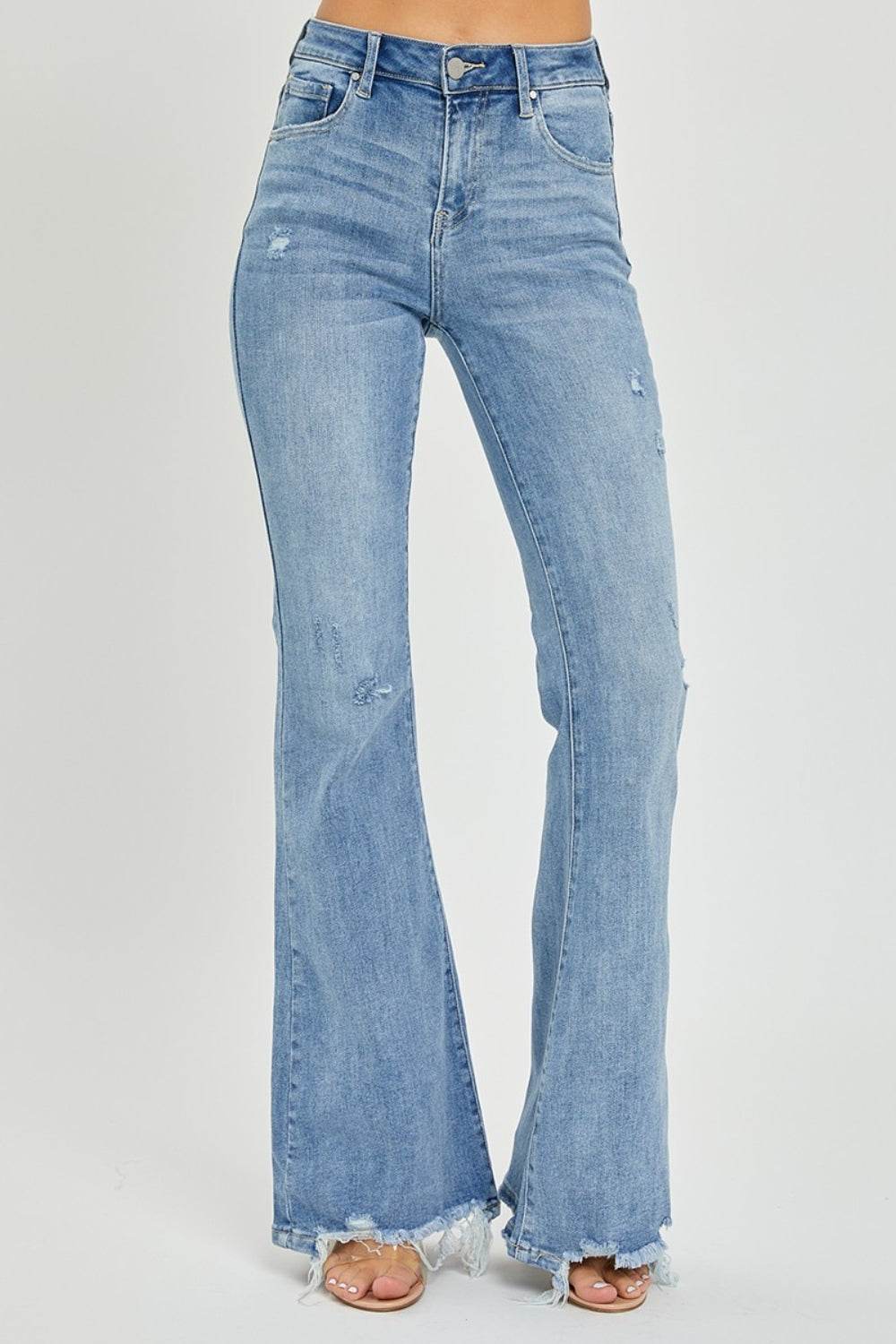 Risen Full Size High Rise Frayed Hem Flare Jeans - DaTrendStore.Com