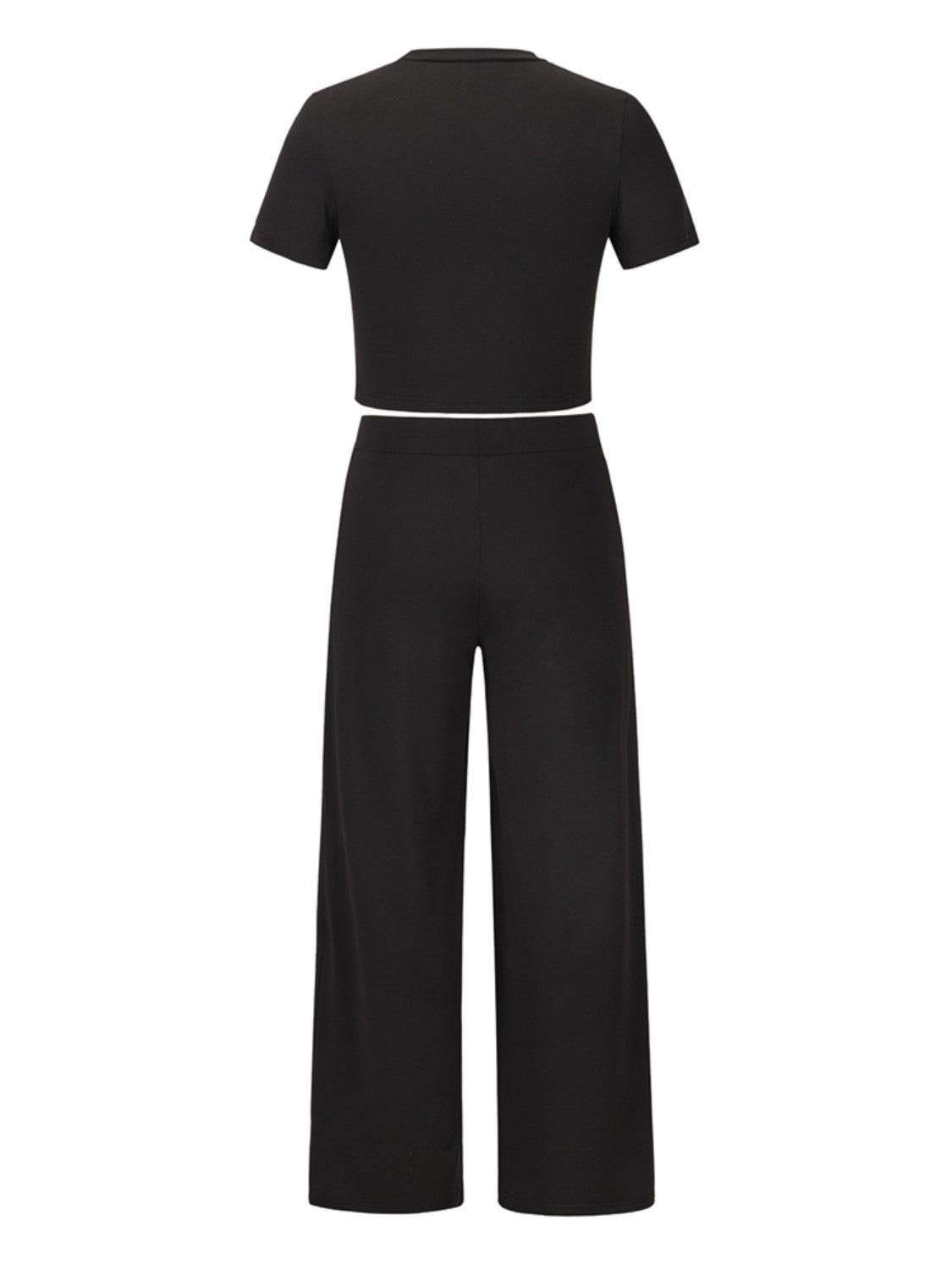 Round Neck Short Sleeve Top and Pocketed Pants Set - DaTrendStore.Com