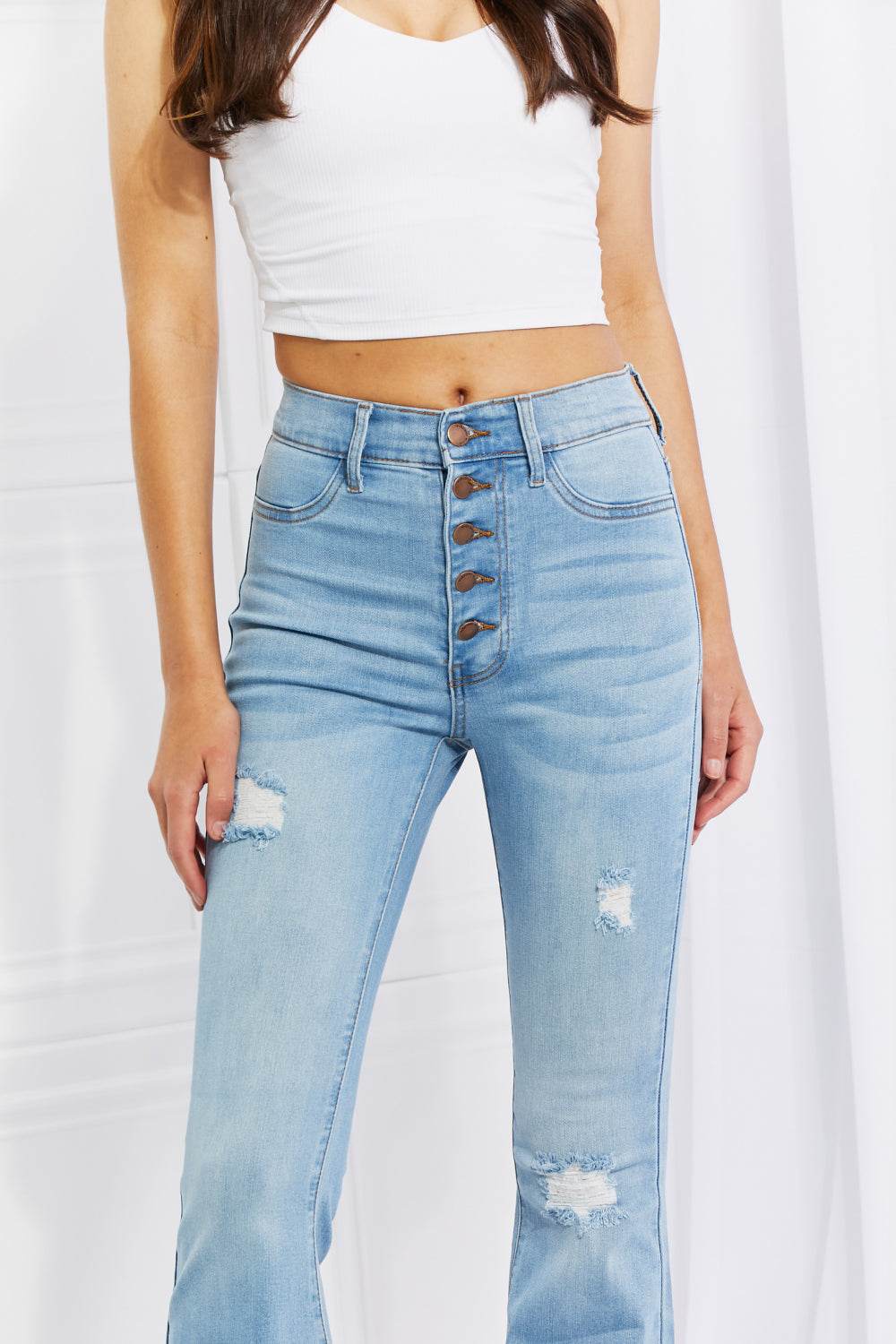 Vibrant MIU Full Size Jess Button Flare Jeans - DaTrendStore.Com