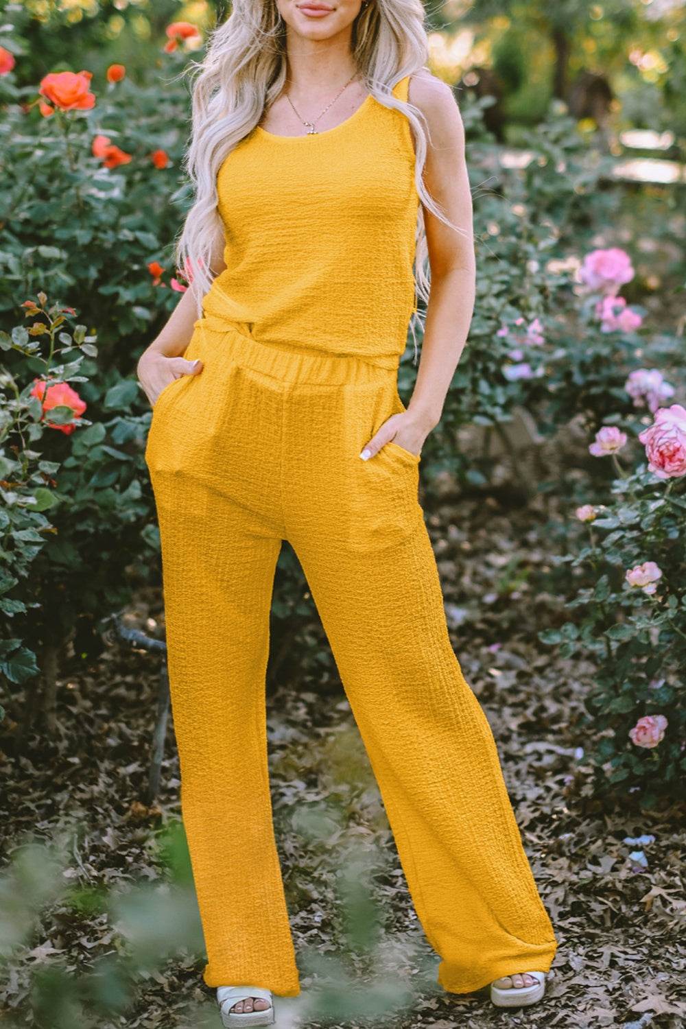 Textured Round Neck Top and Wide Leg Pants Set - DaTrendStore.Com