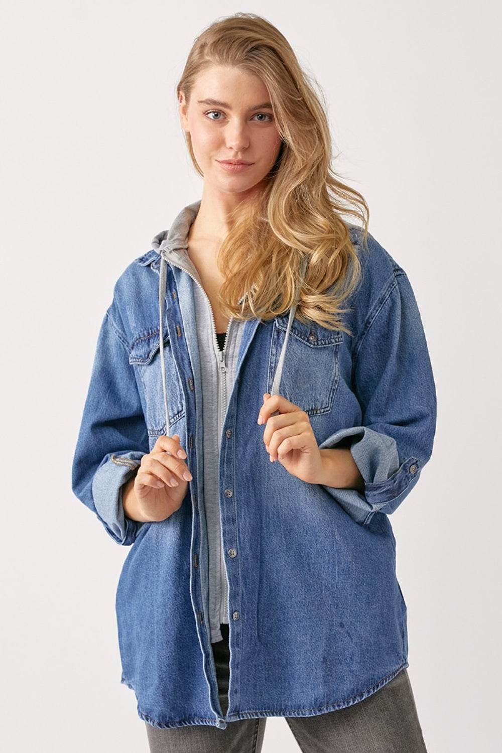 RISEN Zip Up Hooded Denim Shirt - DaTrendStore.Com