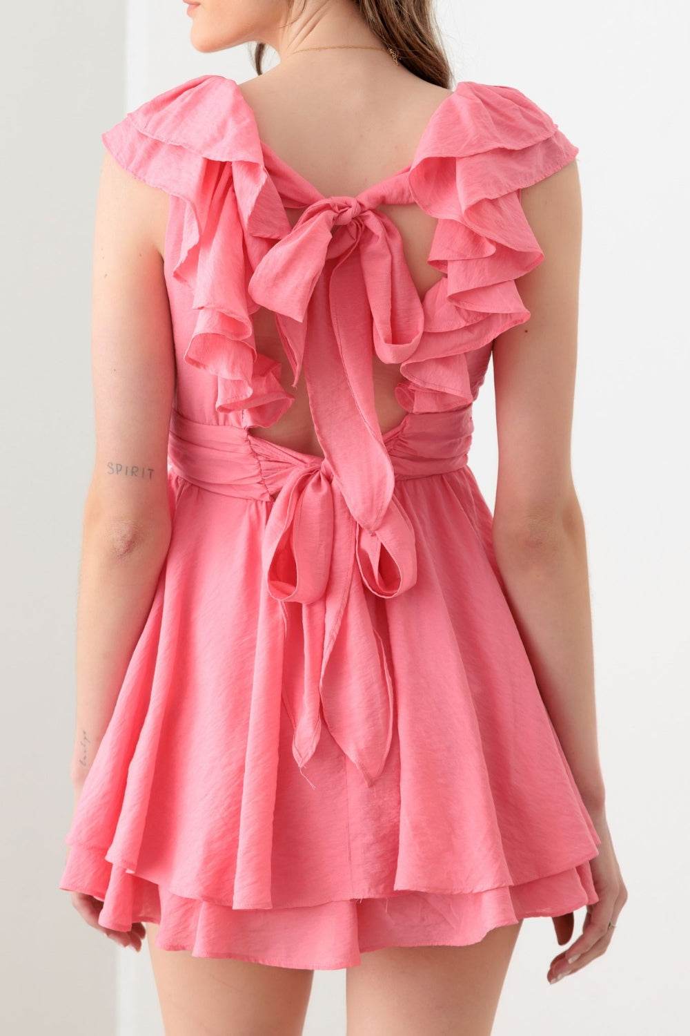 Mustard Seed Tie Back Front Button Ruffled Romper - DaTrendStore.Com