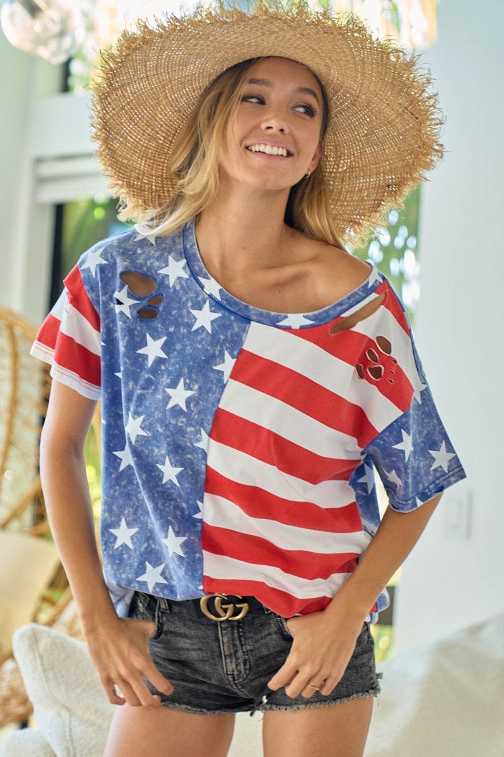 BiBi American Flag Theme Short Sleeve T-Shirt - DaTrendStore.Com