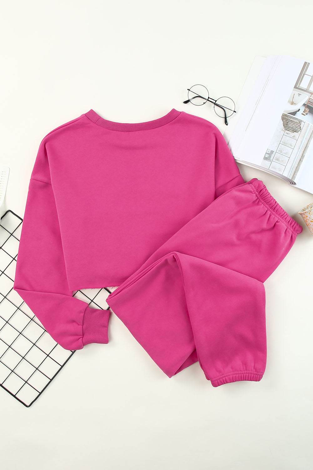 Round Neck Long Sleeve Cropped Top and Pants Set - DaTrendStore.Com