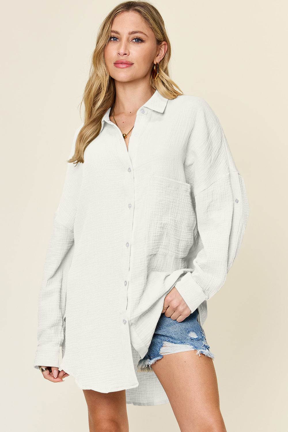 Double Take Full Size Pocketed Texture Button Up Shirt - DaTrendStore.Com
