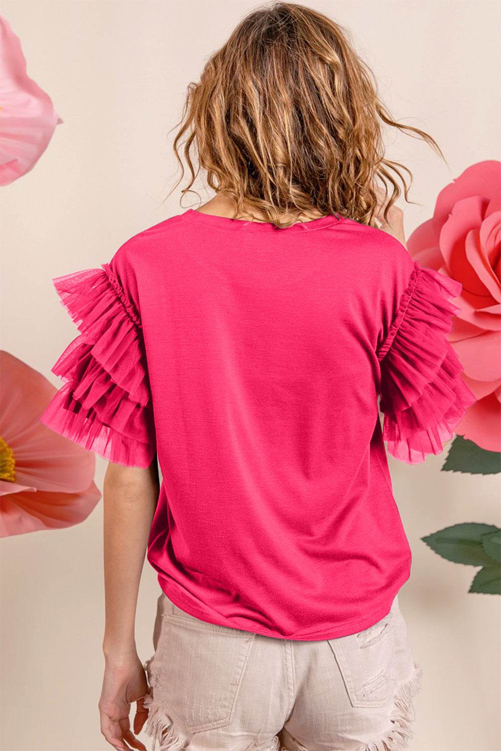 BiBi Ruffle Mesh Lace Layered Short Sleeve Top - DaTrendStore.Com