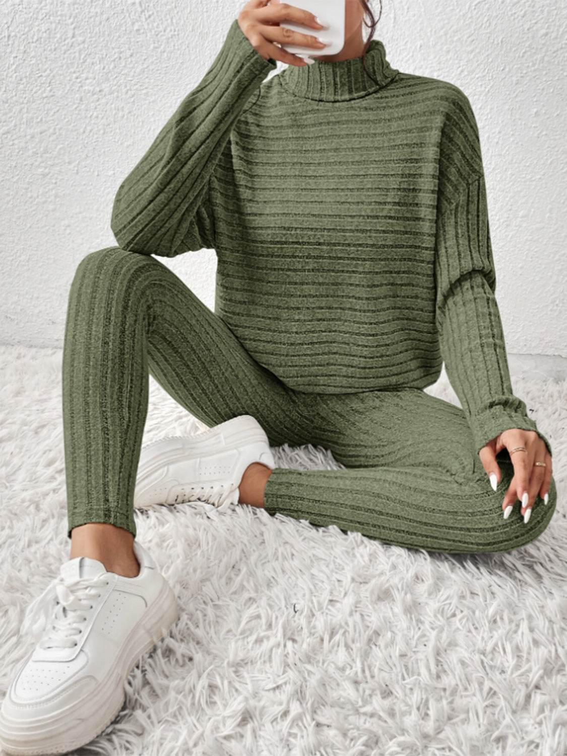 Ribbed Turtleneck Top and Pants Set - DaTrendStore.Com
