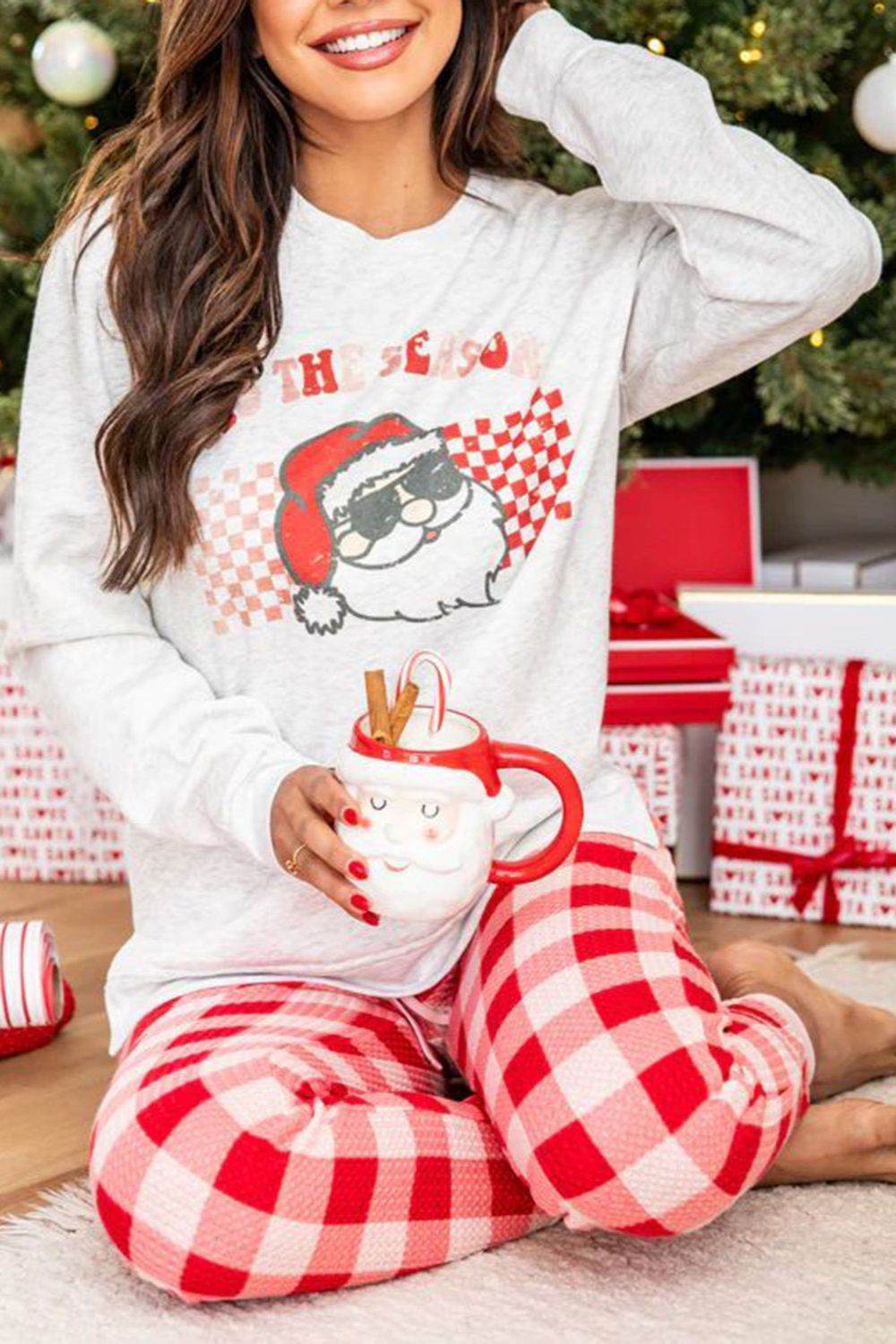 ITS THE SEASON Round Neck Top and Plaid Pants Lounge Set - DaTrendStore.Com