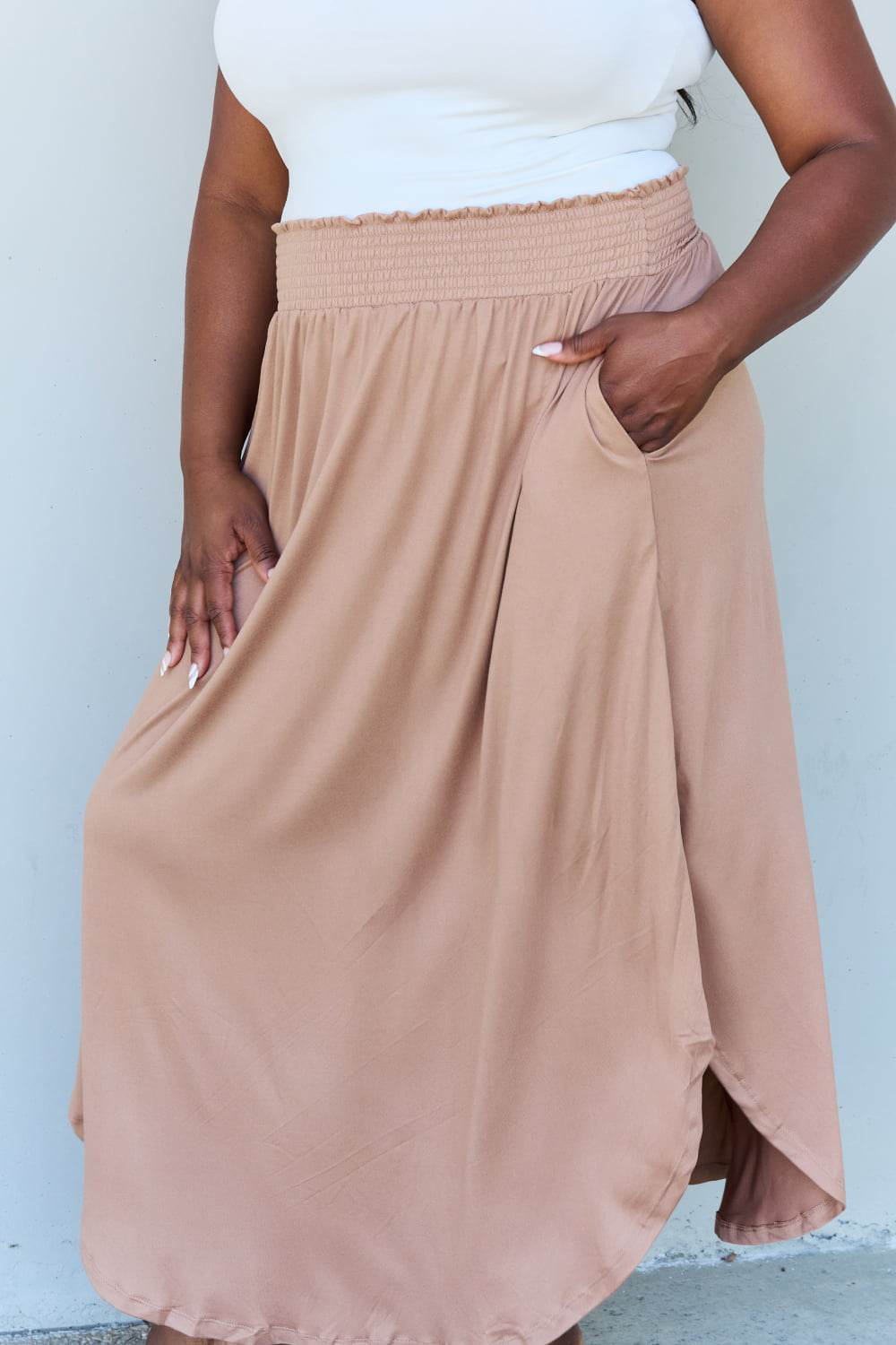 Doublju Comfort Princess Full Size High Waist Scoop Hem Maxi Skirt in Tan - DaTrendStore.Com