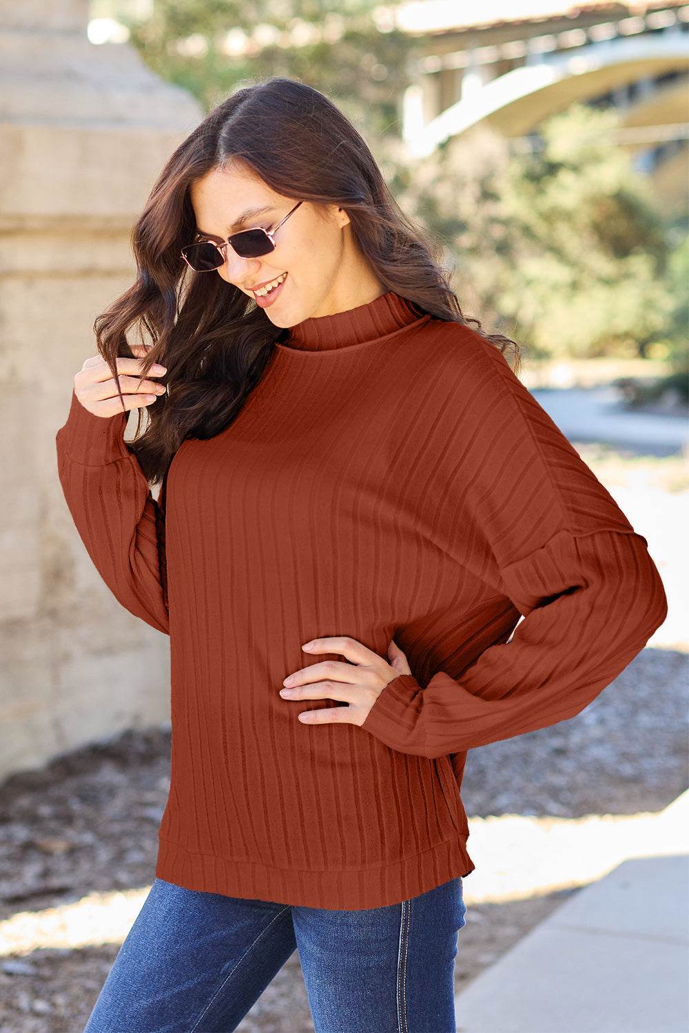 Basic Bae Full Size Ribbed Exposed Seam Mock Neck Knit Top - DaTrendStore.Com