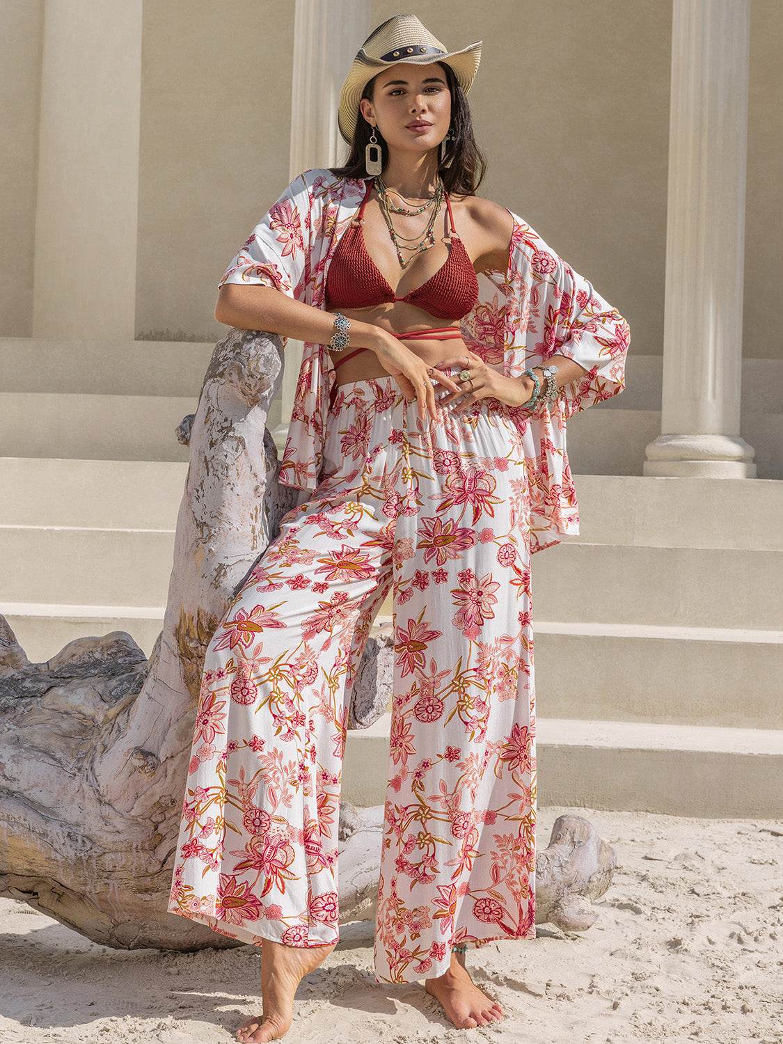 Printed Open Front Half Sleeve Top and Pants Set - DaTrendStore.Com