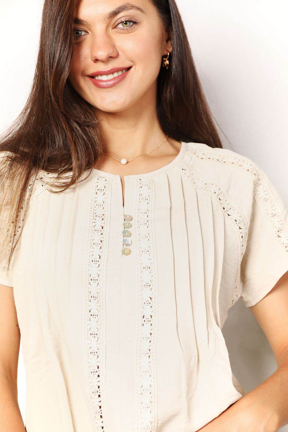 Double Take Crochet Buttoned Short Sleeves Top - DaTrendStore.Com