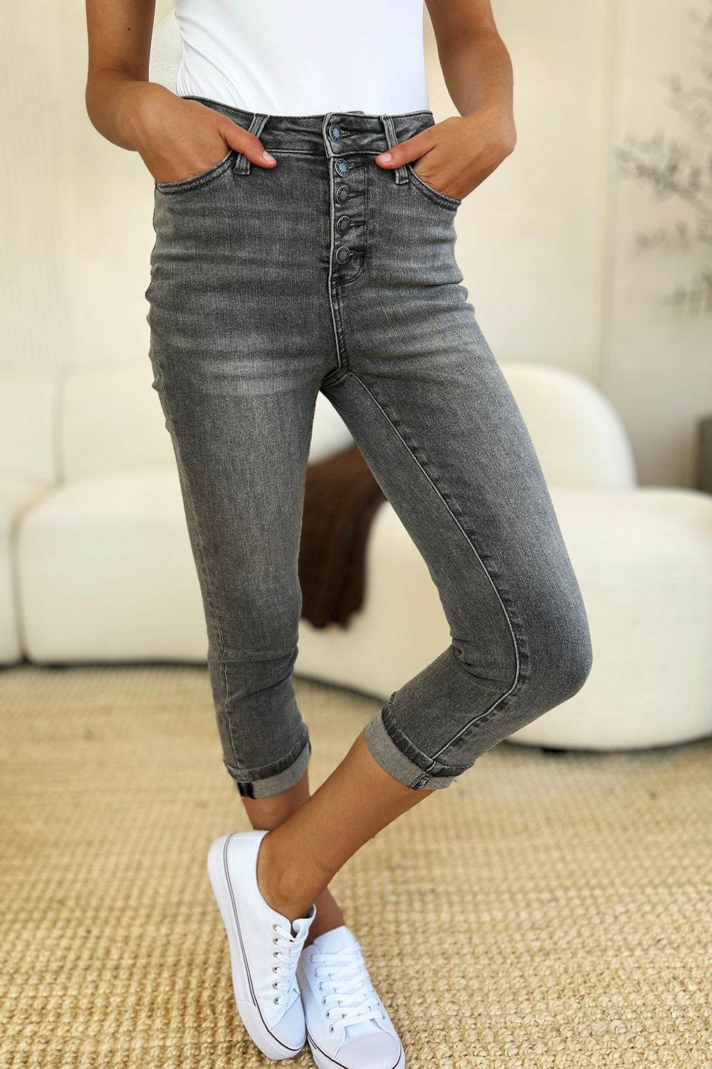 Judy Blue Full Size Button Fly High Waist Cuffed Capris - DaTrendStore.Com