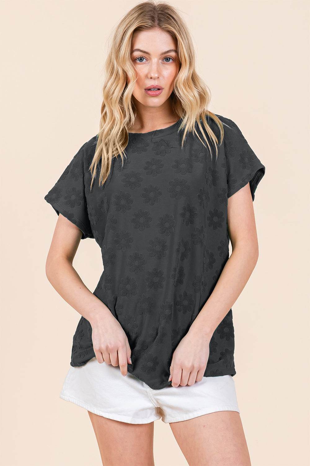 BOMBOM Textured Floral Pattern Short Sleeve T-Shirt - DaTrendStore.Com