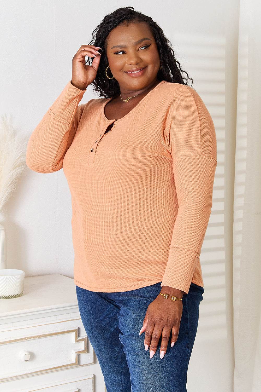 Basic Bae Half Button Long Sleeve Top - DaTrendStore.Com
