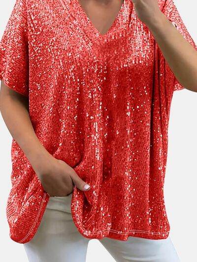 Full Size Sequin V-Neck Short Sleeve Top - DaTrendStore.Com