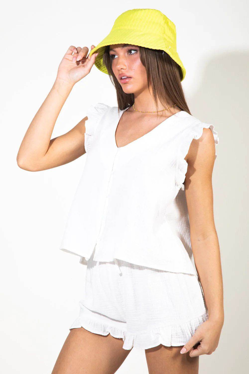 Ruffled V-Neck Cap Sleeve and Shorts Set - DaTrendStore.Com