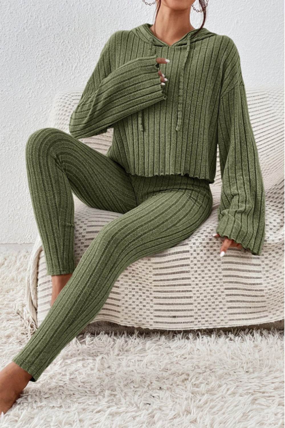 Lettuce Hem Dropped Shoulder Hooded Top and Pants Set - DaTrendStore.Com