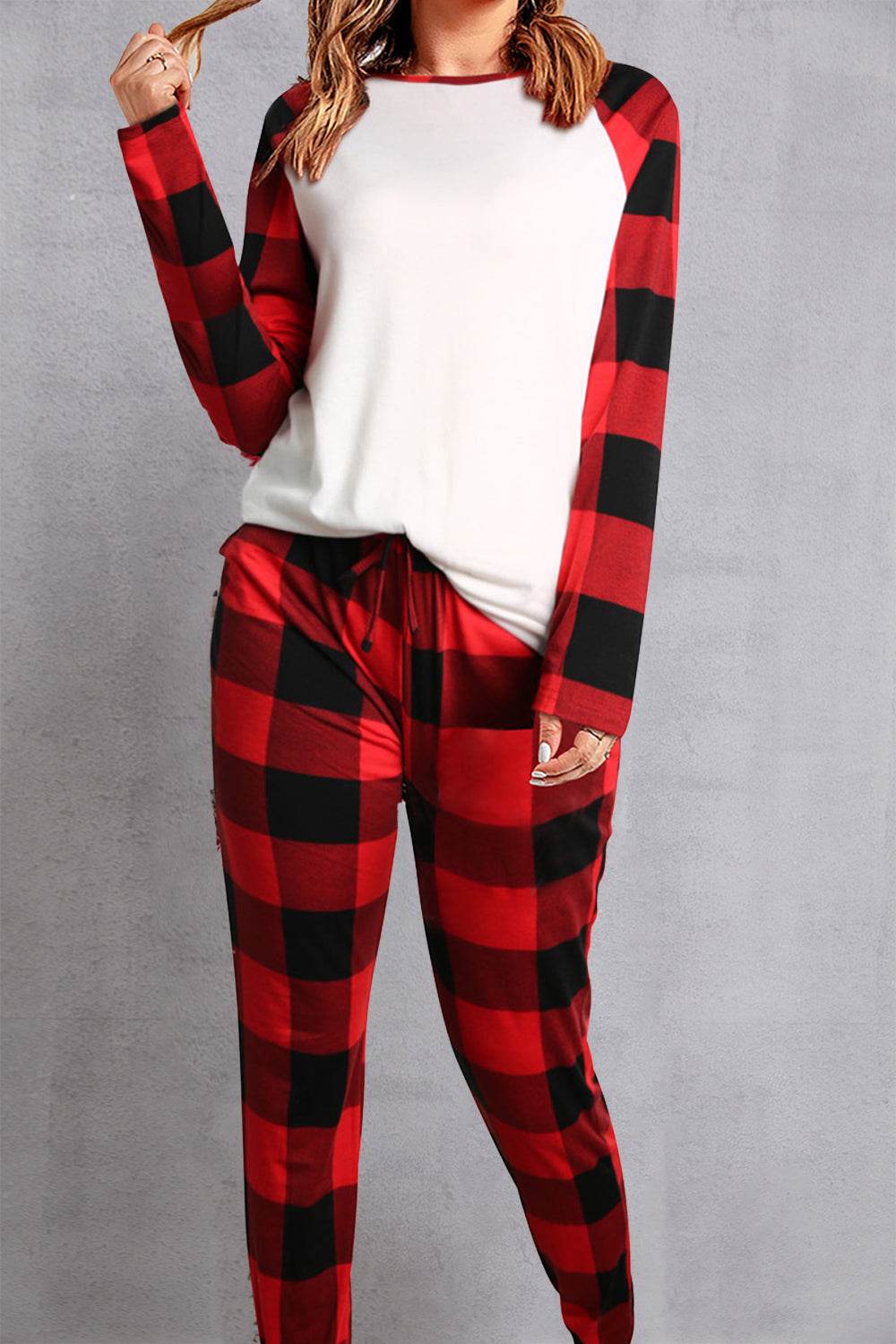 Plaid Round Neck Top and Pants Set - DaTrendStore.Com