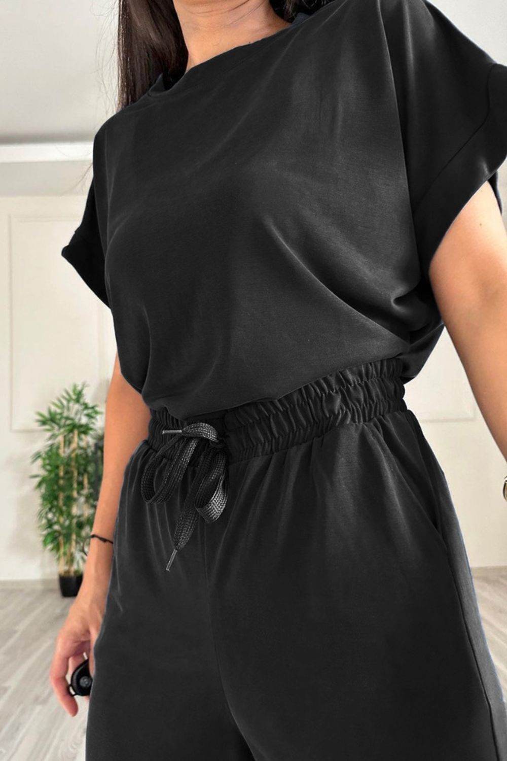 Round Neck Short Sleeve Top and Drawstring Pants Set - DaTrendStore.Com