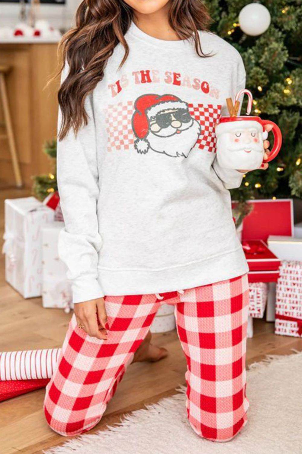 ITS THE SEASON Round Neck Top and Plaid Pants Lounge Set - DaTrendStore.Com