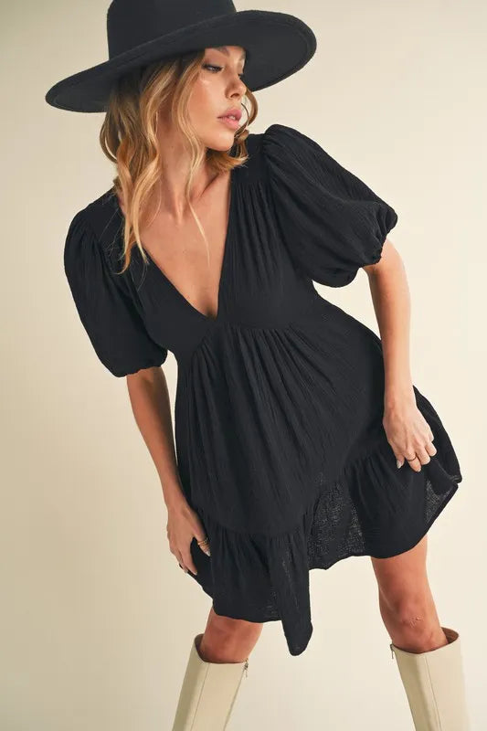 Aemi+Co Black Ruffled Tie-Back Mini Dress