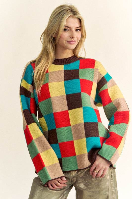 Davi & Dani Color Block Checkered Dropped Shoulder Sweater - DaTrendStore.Com