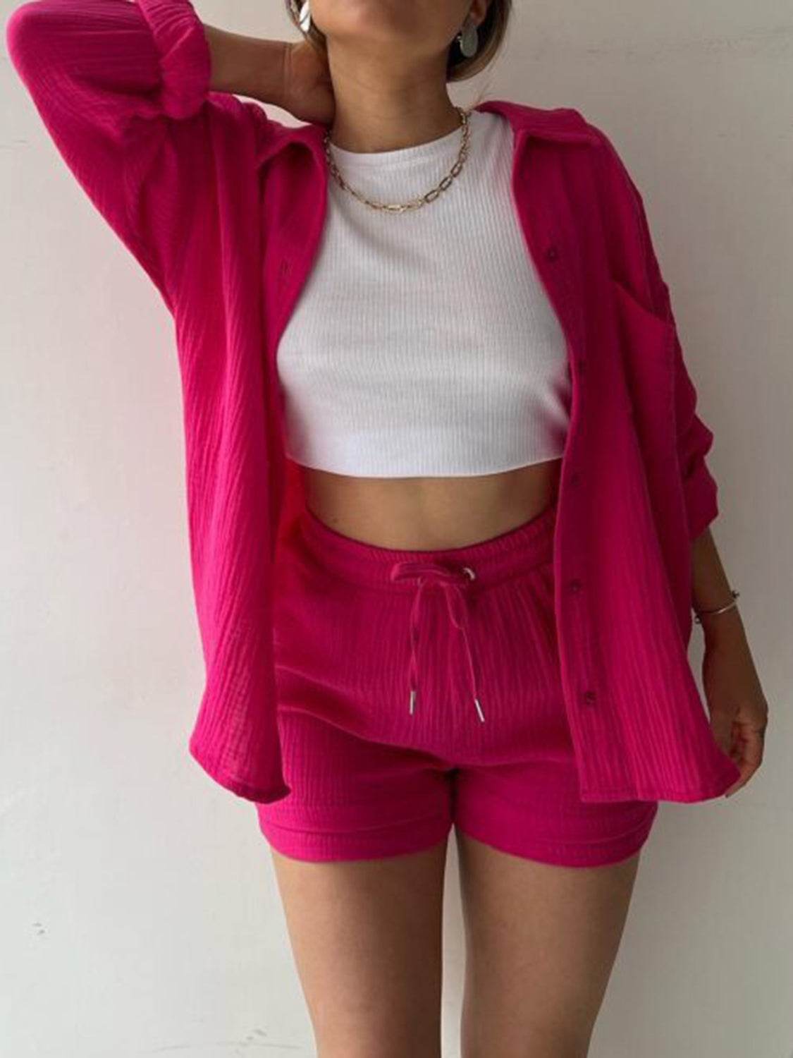 Texture Button Up Shirt and Drawstring Shorts Set - DaTrendStore.Com