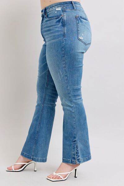 Judy Blue HW Tummy Control Vintage Wash Side Slit Slim Boot Jeans - DaTrendStore.Com