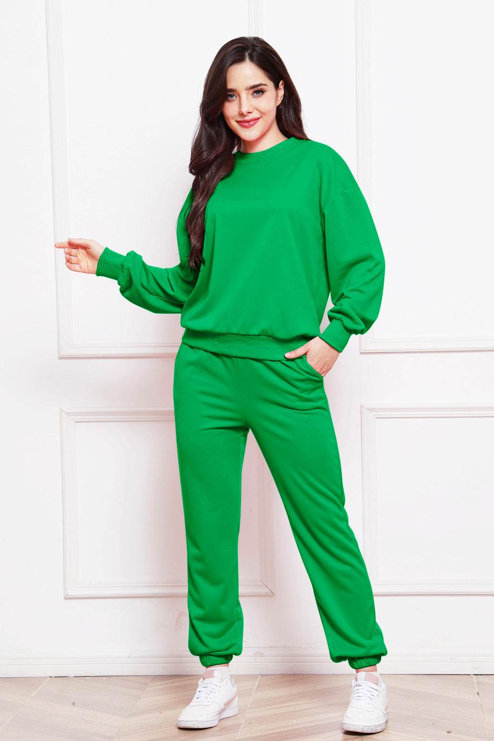 Round Neck Long Sleeve Sweatshirt and Pants Set - DaTrendStore.Com