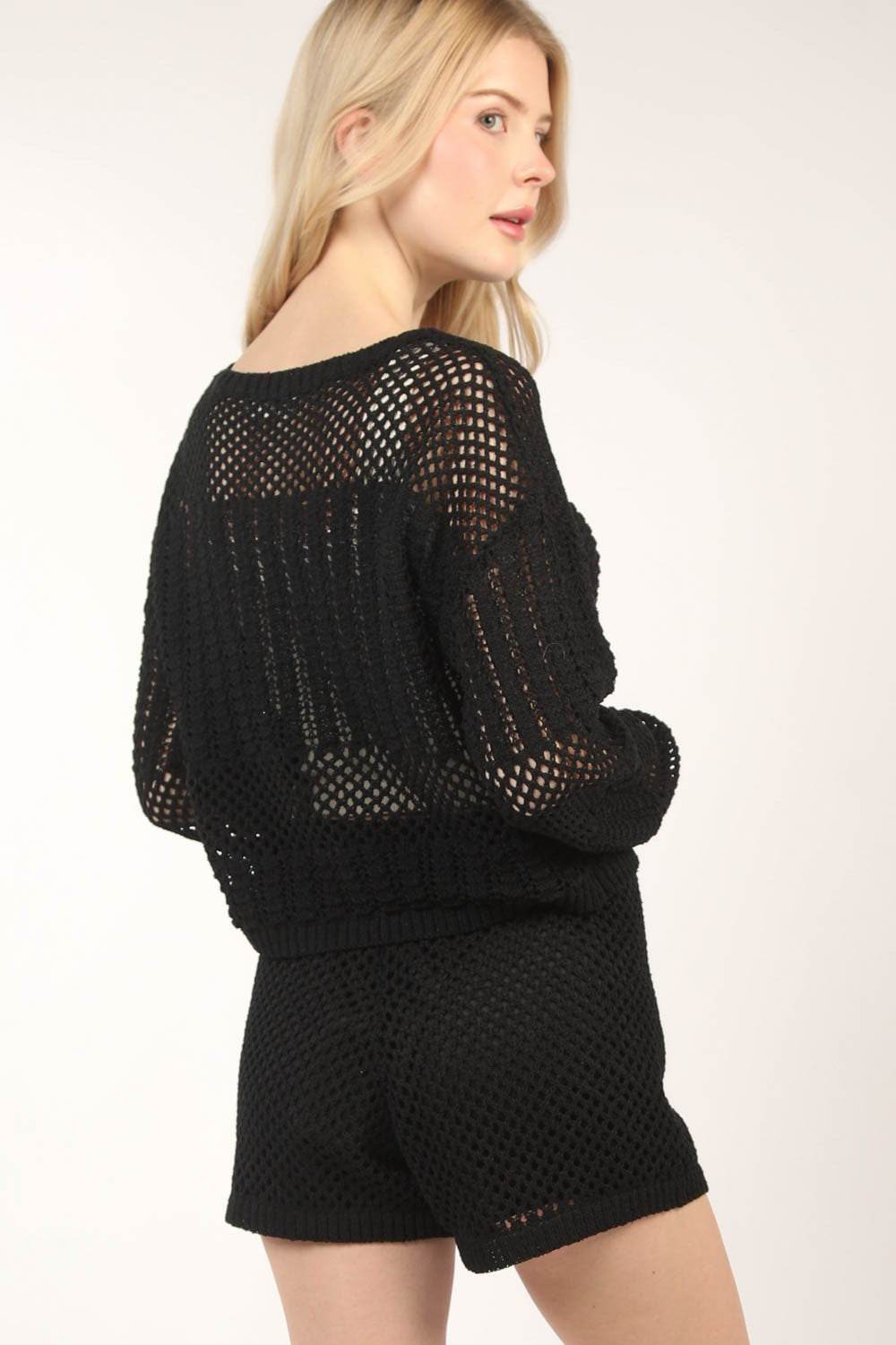VERY J Openwork Cropped Cover Up and Shorts Set - DaTrendStore.Com