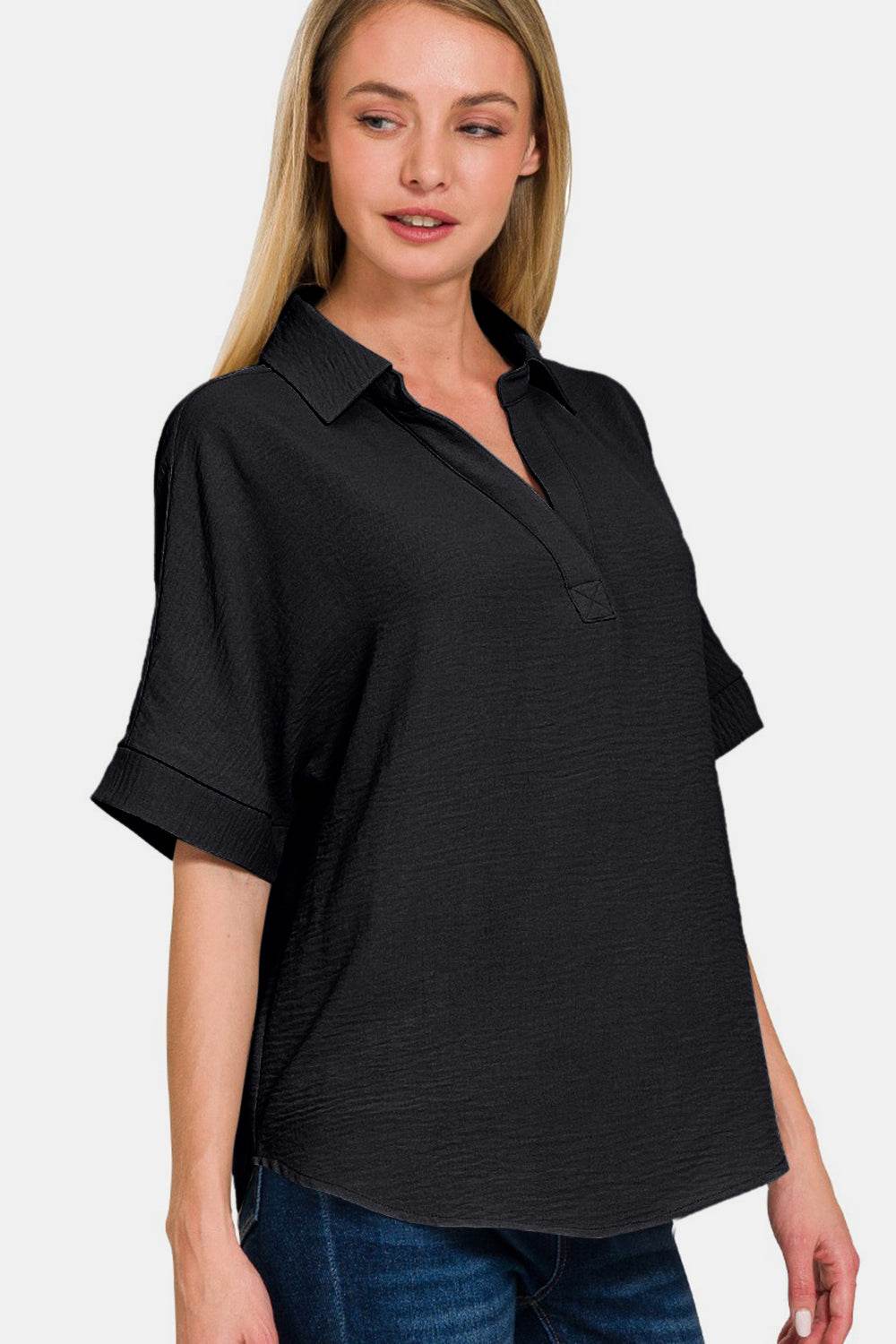 Zenana Full Size Texture Collared Neck Short Sleeve Top - DaTrendStore.Com