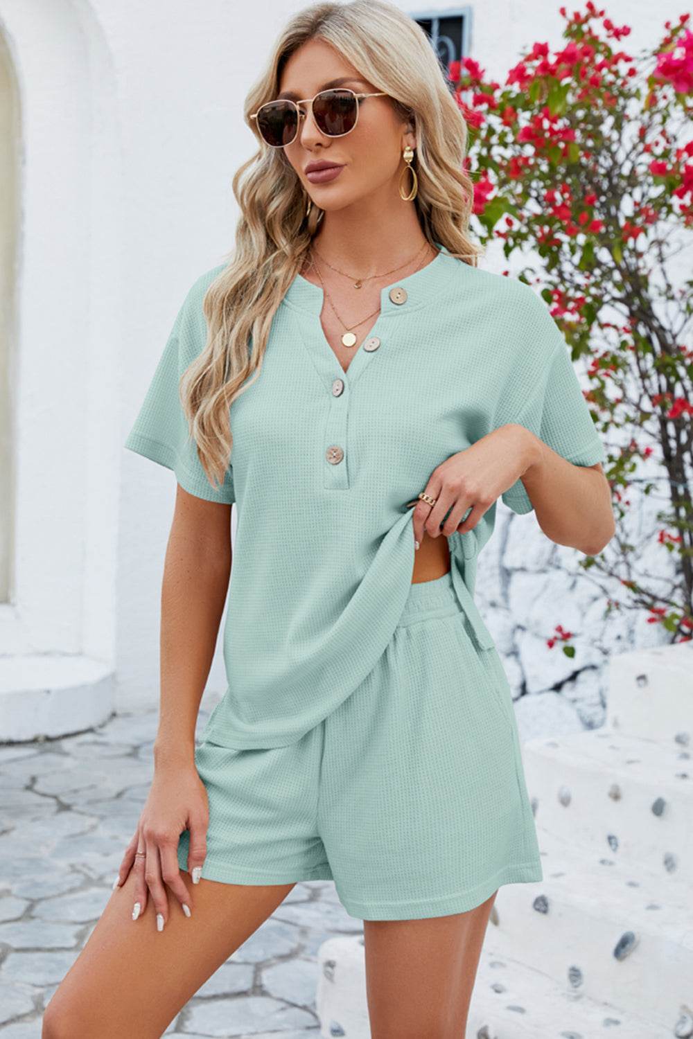 Notched Button Detail Dropped Shoulder Top and Shorts Set - DaTrendStore.Com