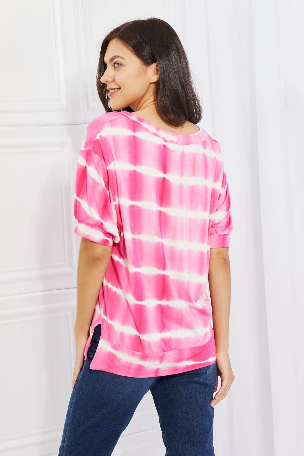 Yelete Full Size Oversized Fit V-Neck Striped Top - DaTrendStore.Com