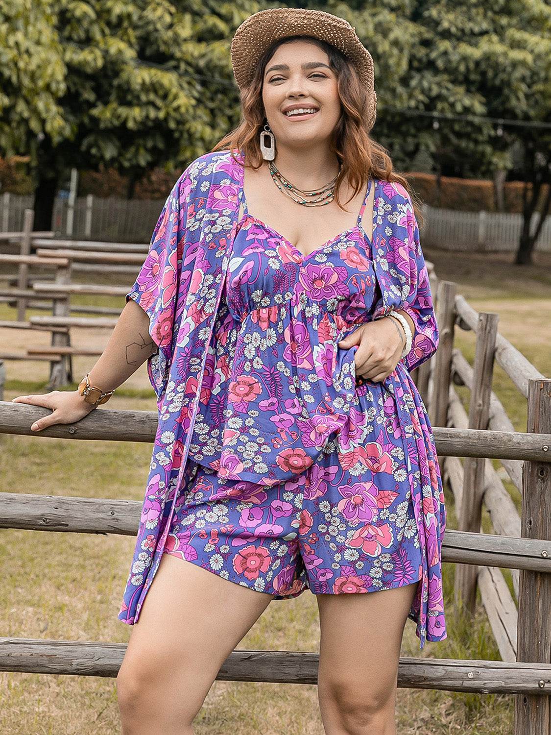 Plus Size Printed Cami, Open Front Cover Up and Shorts Set - DaTrendStore.Com