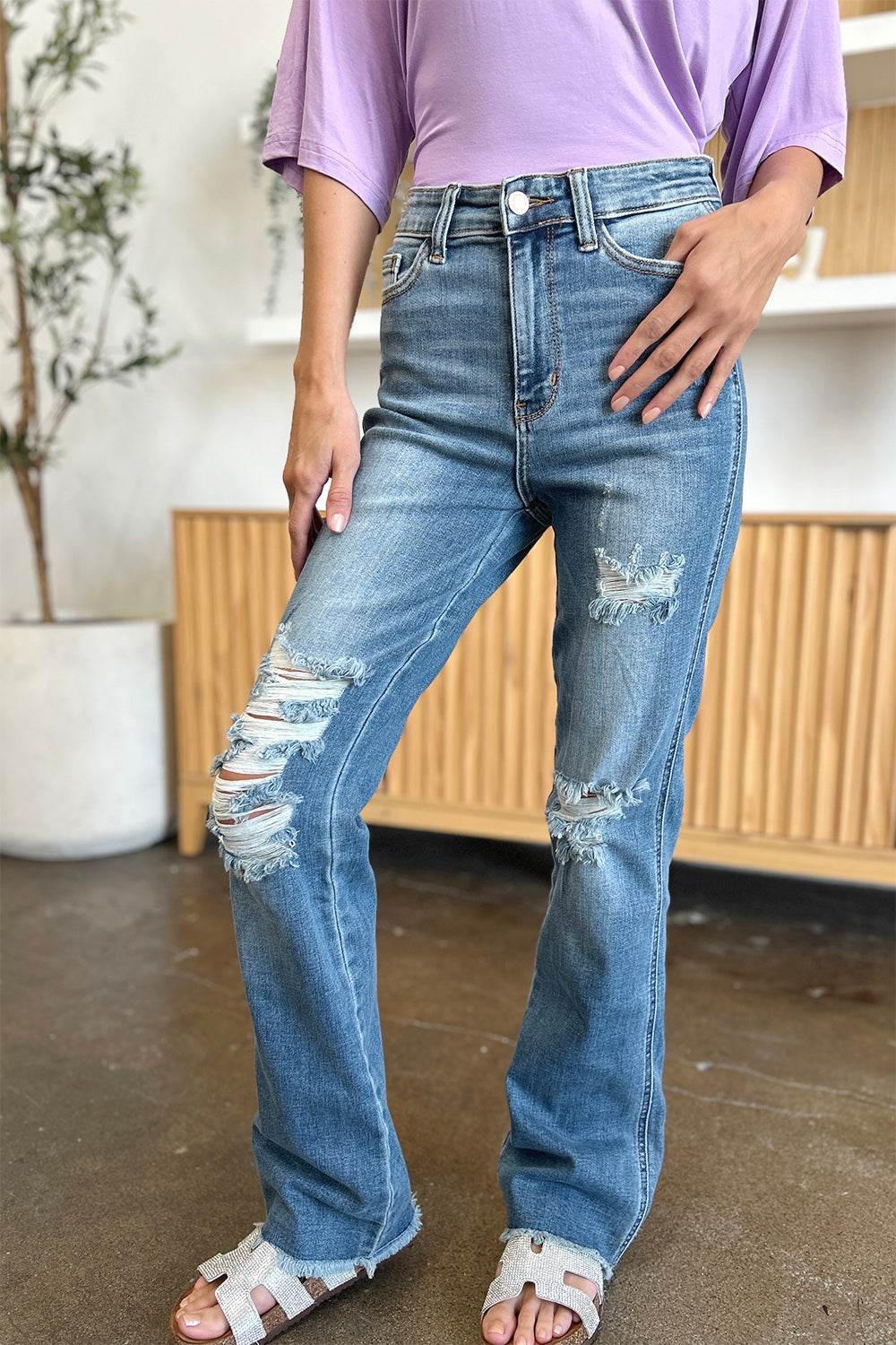 Judy Blue Full Size Distressed Raw Hem Bootcut Jeans - DaTrendStore.Com