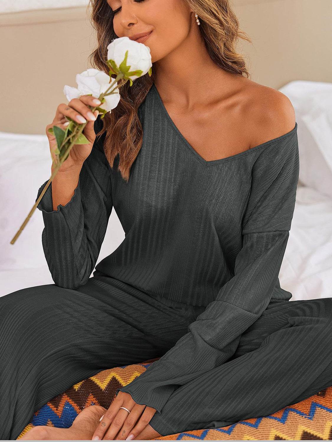 V-Neck Long Sleeve Top and Pants Set - DaTrendStore.Com