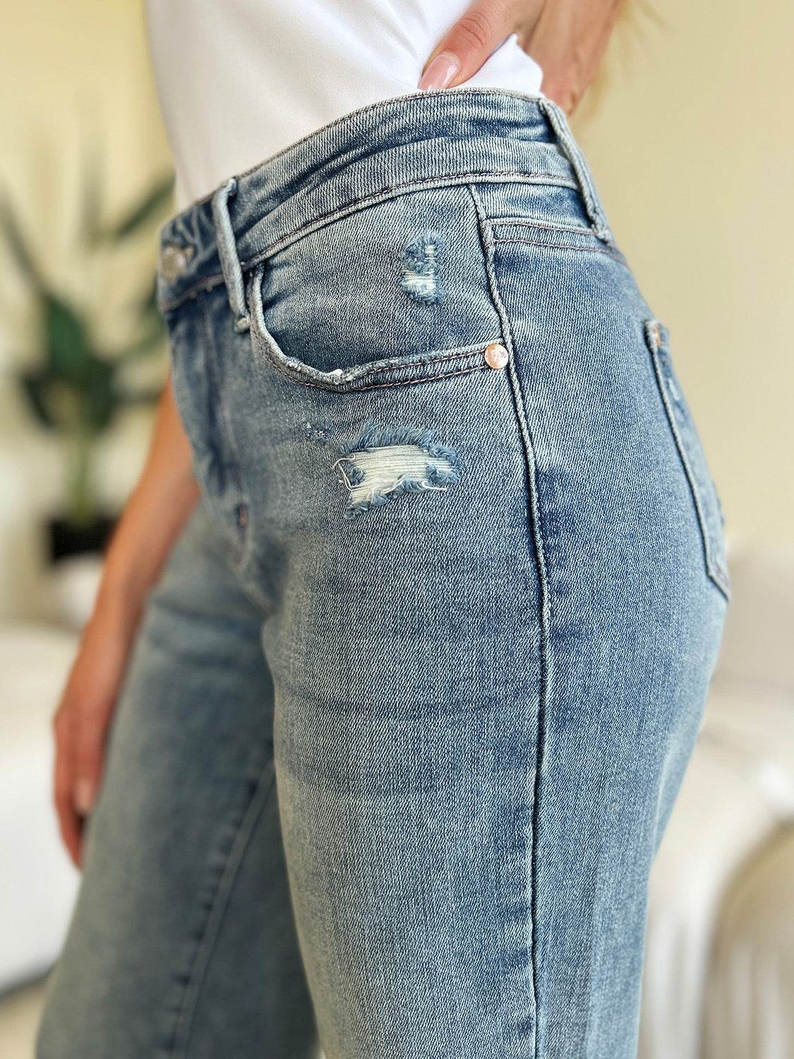 Judy Blue Full Size Mid Rise Distressed Straight Jeans - DaTrendStore.Com