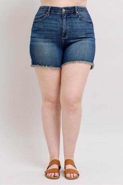 Judy Blue Tummy Control Fray Hem & Shield Back Pockets Denim Shorts - DaTrendStore.Com
