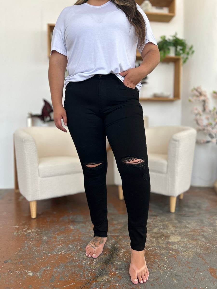 Judy Blue Full Size Distressed Tummy Control High Waist Skinny Jeans - DaTrendStore.Com