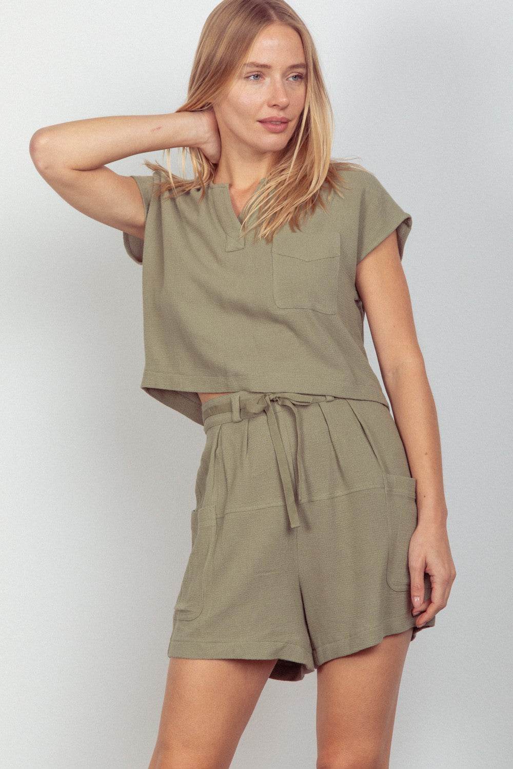 VERY J Woven Cropped Top & Waist Tie Shorts Set - DaTrendStore.Com