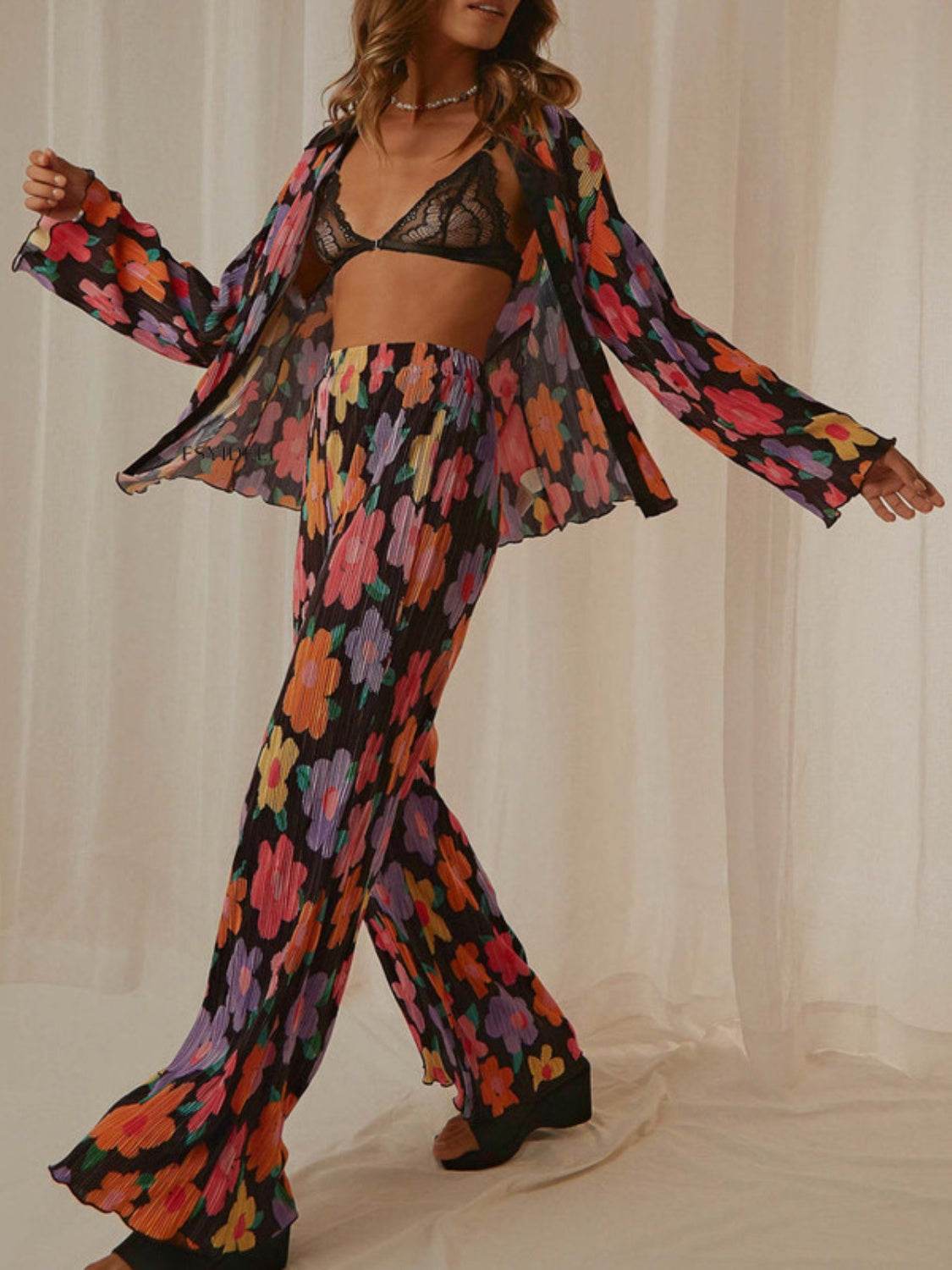 Printed Collared Neck Long Sleeve Top and Pants Lounge Set - DaTrendStore.Com