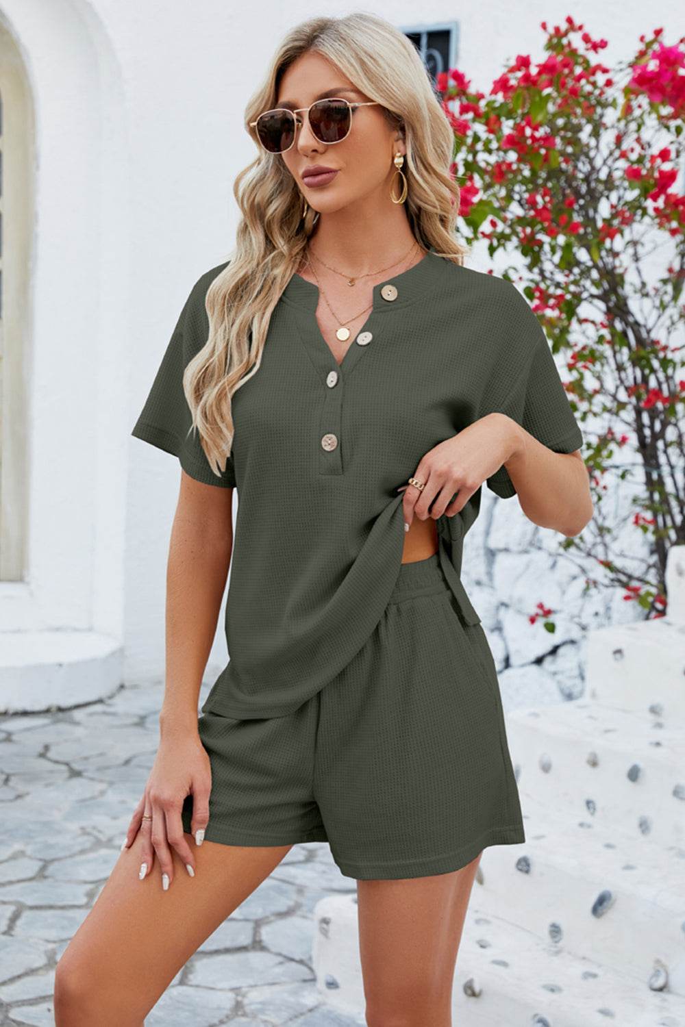 Notched Button Detail Dropped Shoulder Top and Shorts Set - DaTrendStore.Com