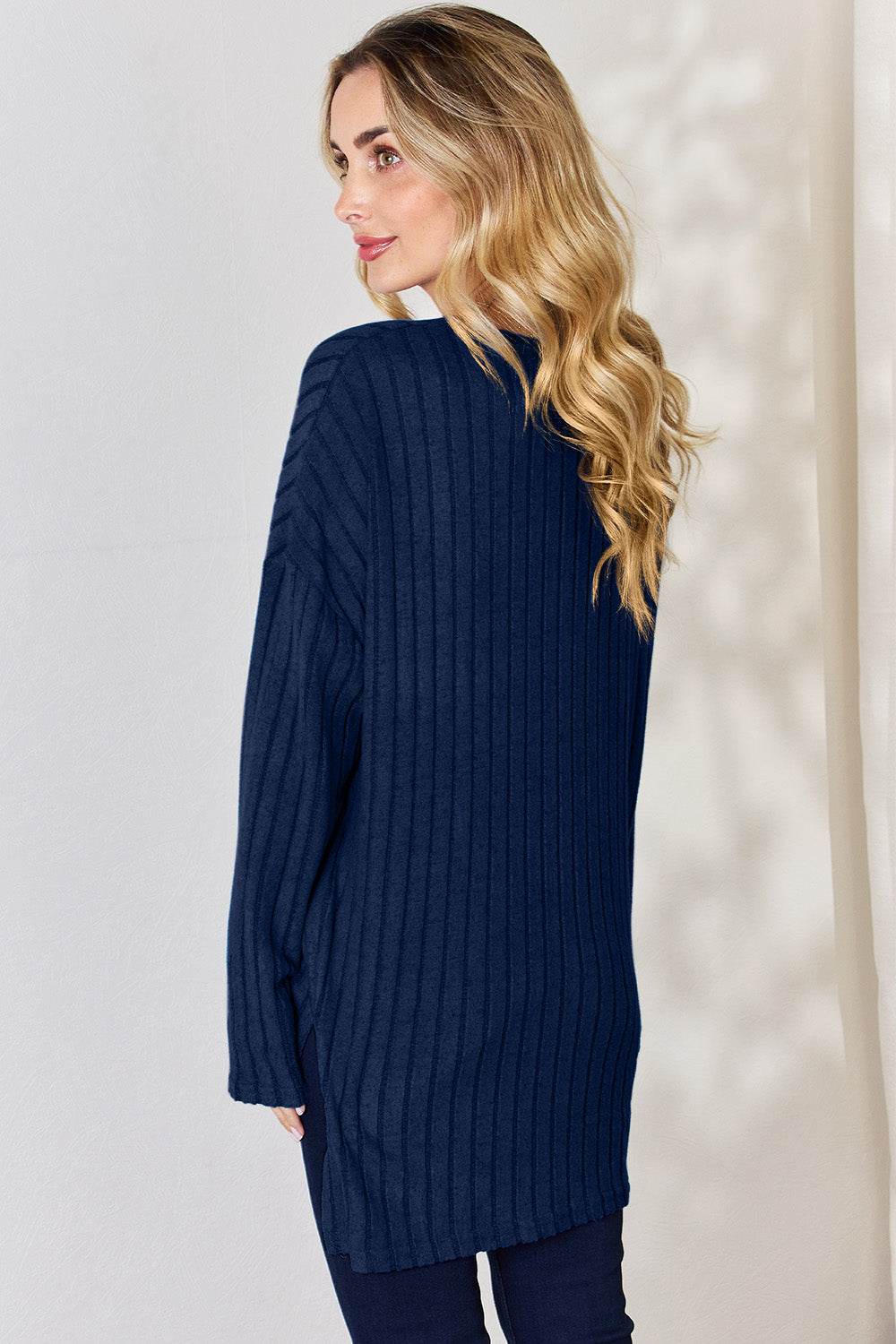 Basic Bae Full Size Ribbed Half Button Long Sleeve High-Low T-Shirt - DaTrendStore.Com