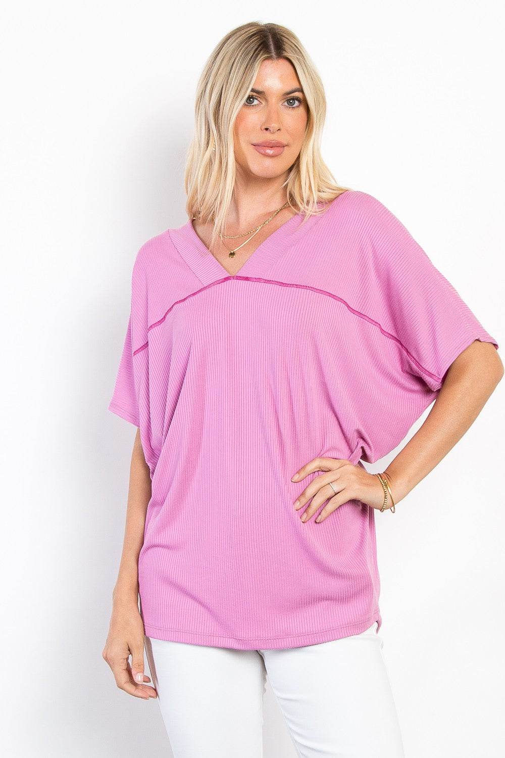 Be Stage Full Size V-Neck Short Sleeve Ribbed Top - DaTrendStore.Com