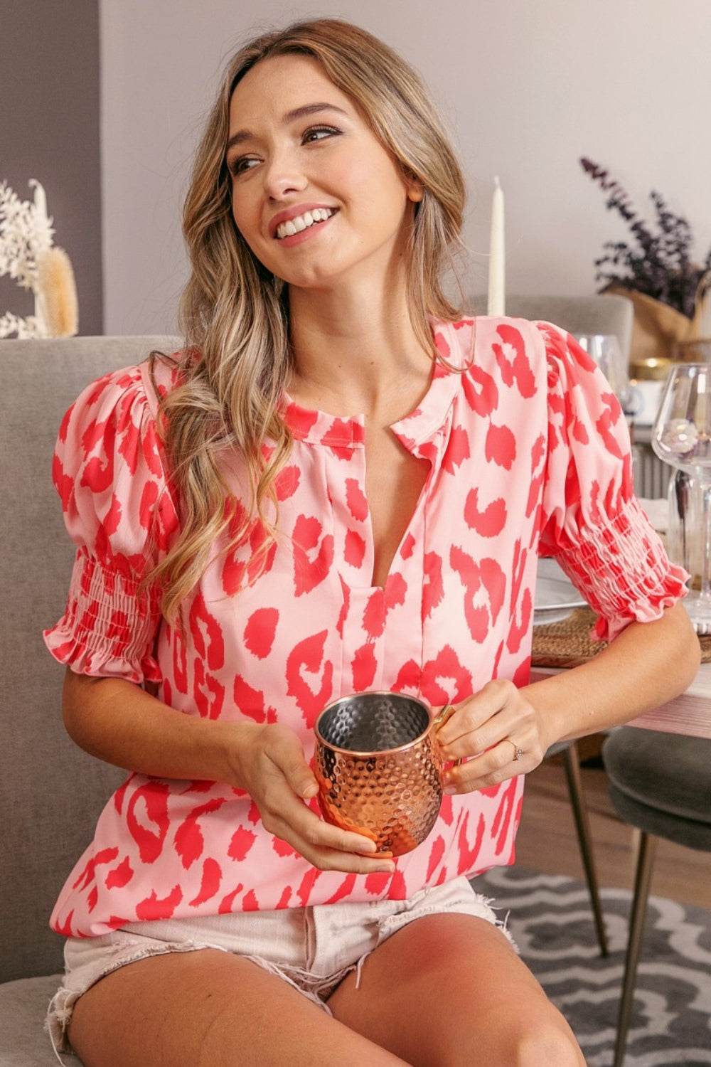 BiBi Leopard Smocked Short Sleeve Blouse - DaTrendStore.Com