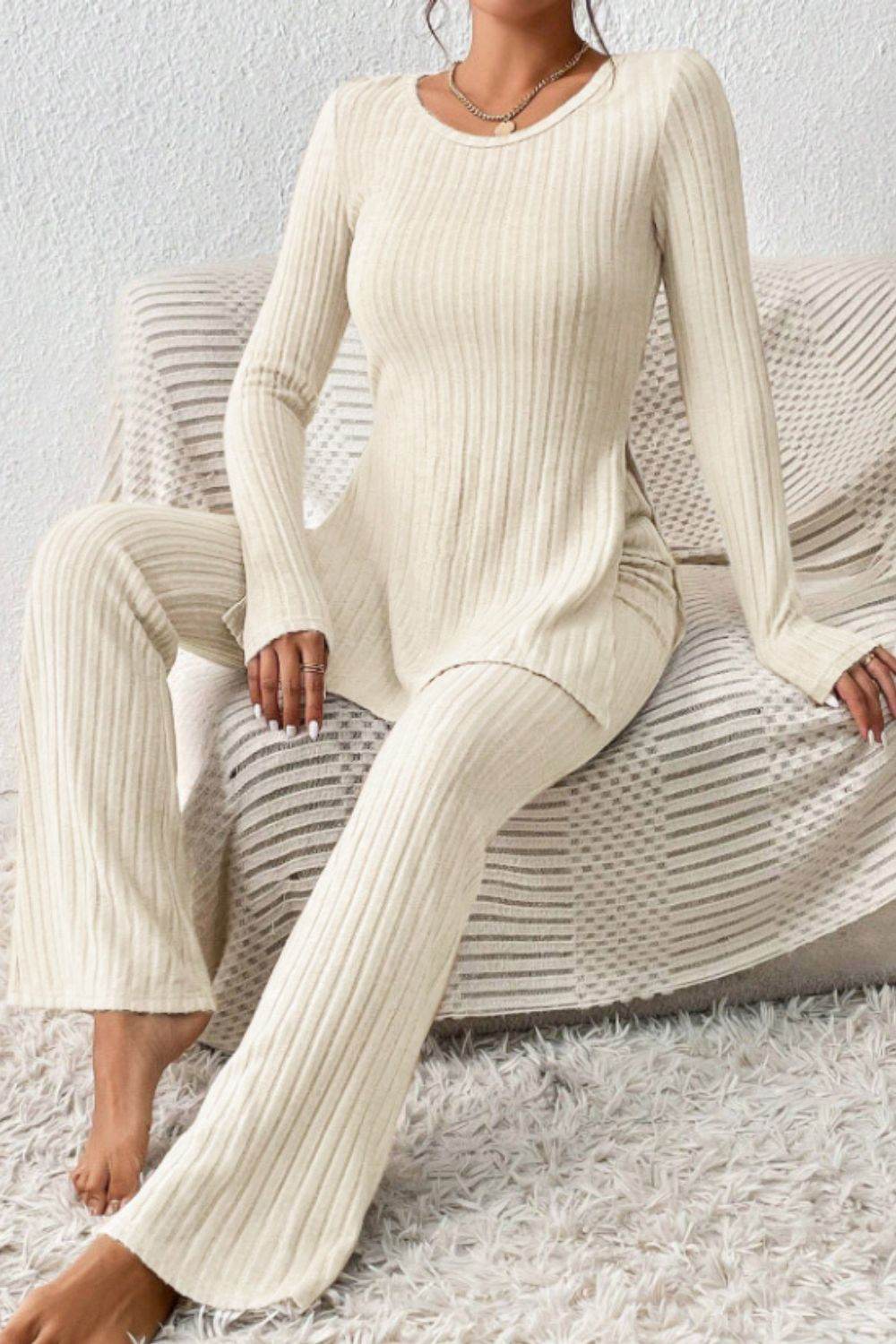Ribbed Long Sleeve Slit Top and Bootcut Pants Set - DaTrendStore.Com