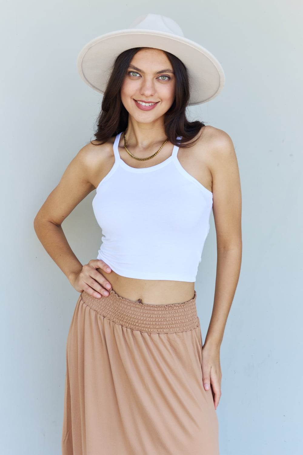 Doublju Comfort Princess Full Size High Waist Scoop Hem Maxi Skirt in Tan - DaTrendStore.Com