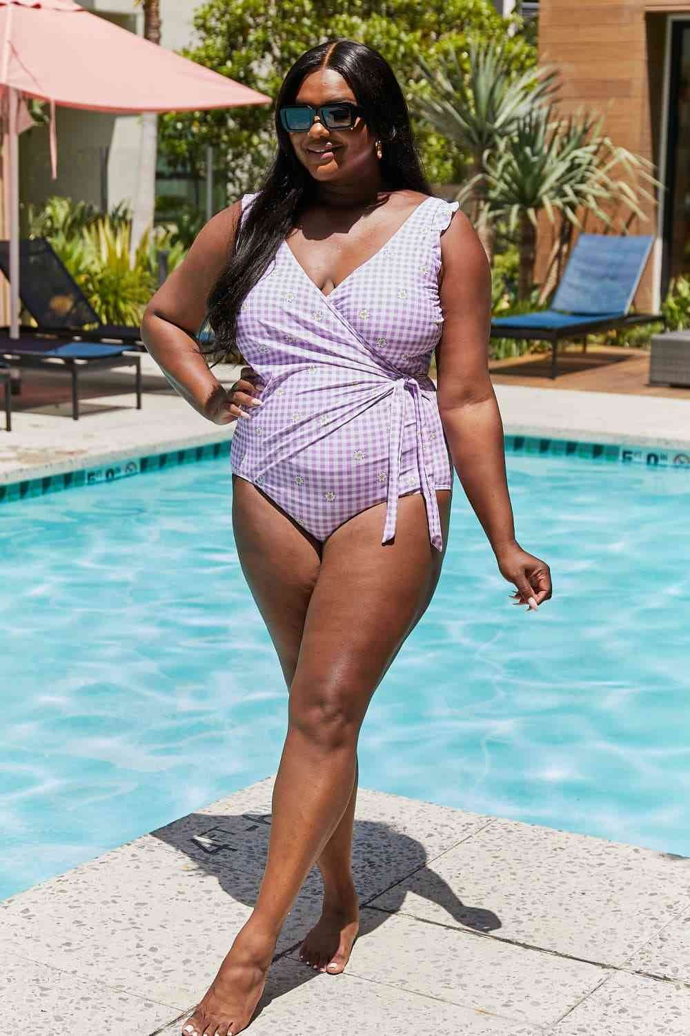 Marina West Swim Full Size Float On Ruffle Faux Wrap One-Piece in Carnation Pink - DaTrendStore.Com